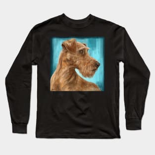 Painting of a Gorgeous Irish Terrier with a Light Brown Coat and Beard on Blue Background Long Sleeve T-Shirt